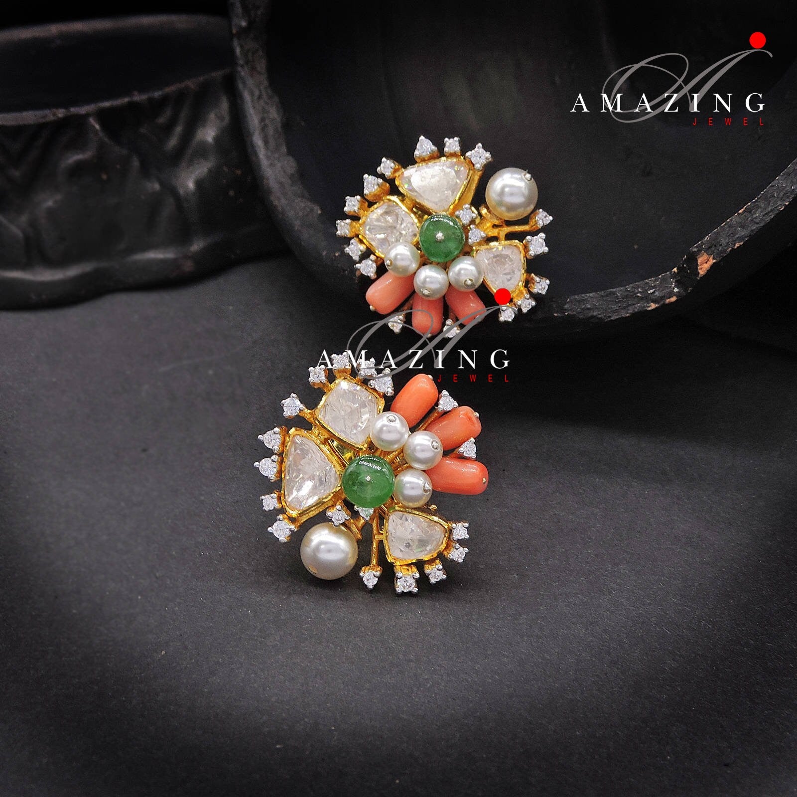 Silver Moissanite Polki withCoral&Emerald Earring, Moissanite Polki Stud, Wedding Jewellery, Everyday Wear Studs, Earring, Silver Polki Stud