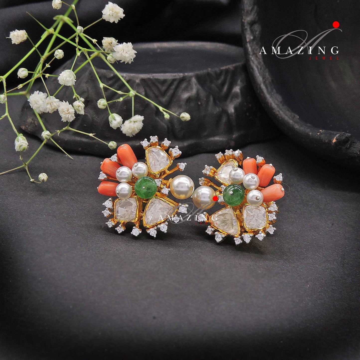 Silver Moissanite Polki withCoral&Emerald Earring, Moissanite Polki Stud, Wedding Jewellery, Everyday Wear Studs, Earring, Silver Polki Stud