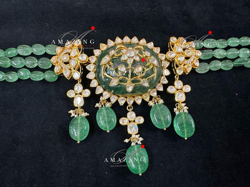 Silver Moissanite Polki set,Emerald Hydro Stone with Inlay Polki, Jewellery, Indian Traditional Wedding Jewellery Set, Choker Set, Earrings