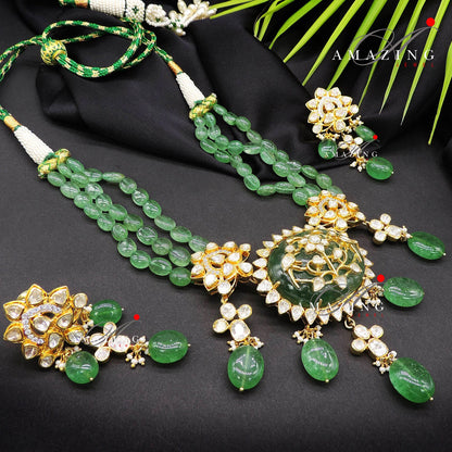 Silver Moissanite Polki set,Emerald Hydro Stone with Inlay Polki, Jewellery, Indian Traditional Wedding Jewellery Set, Choker Set, Earrings