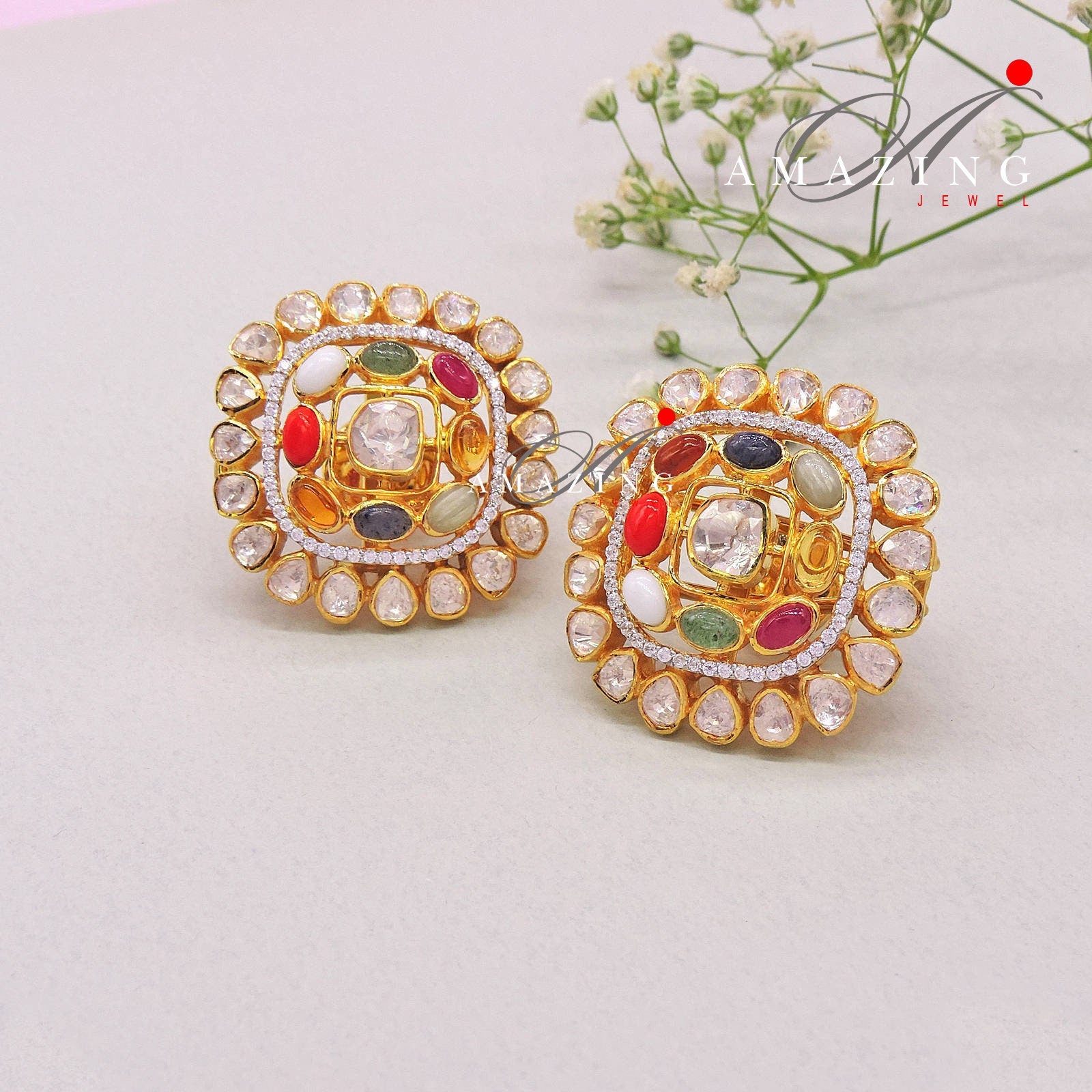 Silver Moissanite Polki Semi Precious Navratna Earring, Polki Studs, Indian Wedding Jewelery, Silver Earring, Wedding Jewelery, Studs