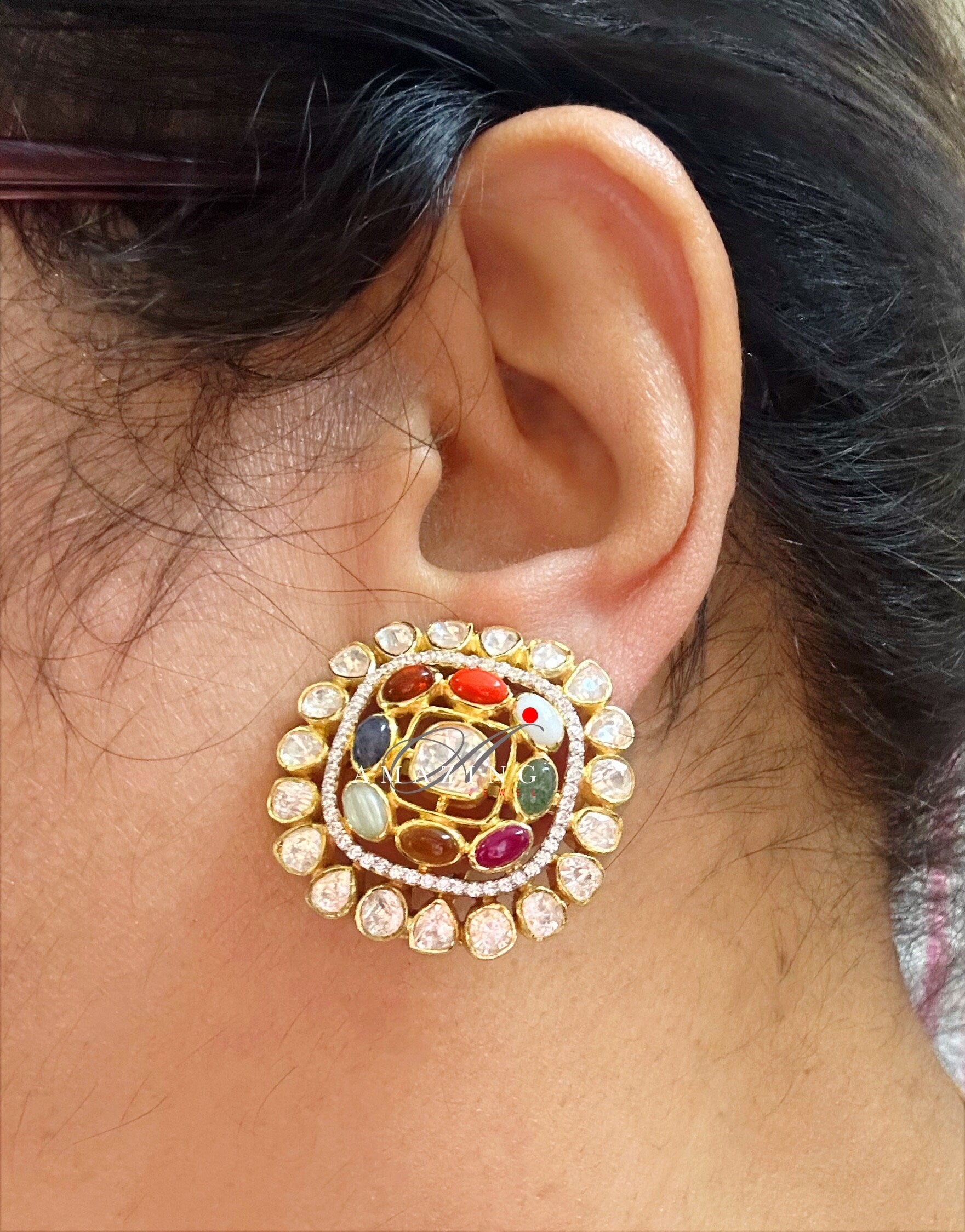 Silver Moissanite Polki Semi Precious Navratna Earring, Polki Studs, Indian Wedding Jewelery, Silver Earring, Wedding Jewelery, Studs