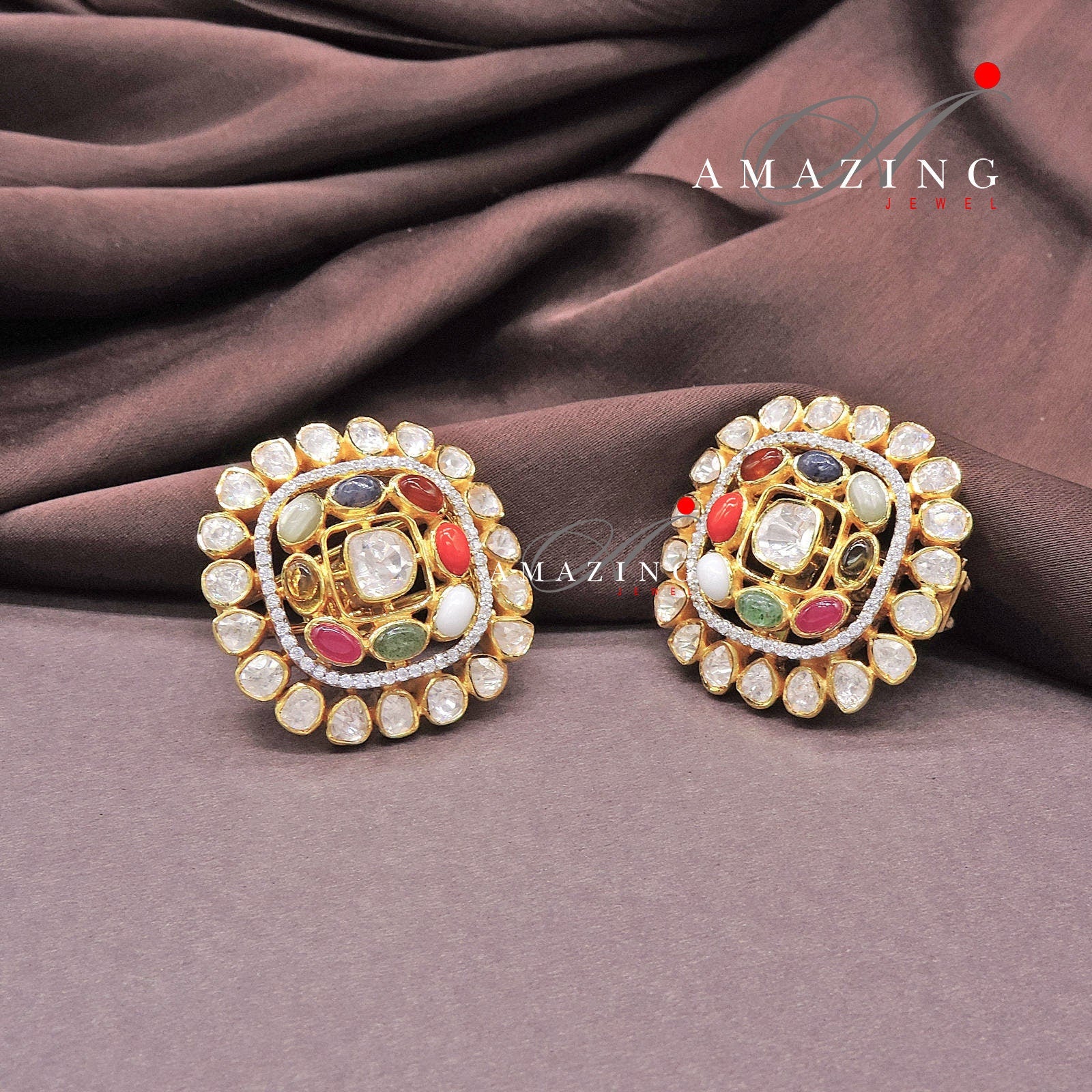 Silver Moissanite Polki Semi Precious Navratna Earring, Polki Studs, Indian Wedding Jewelery, Silver Earring, Wedding Jewelery, Studs