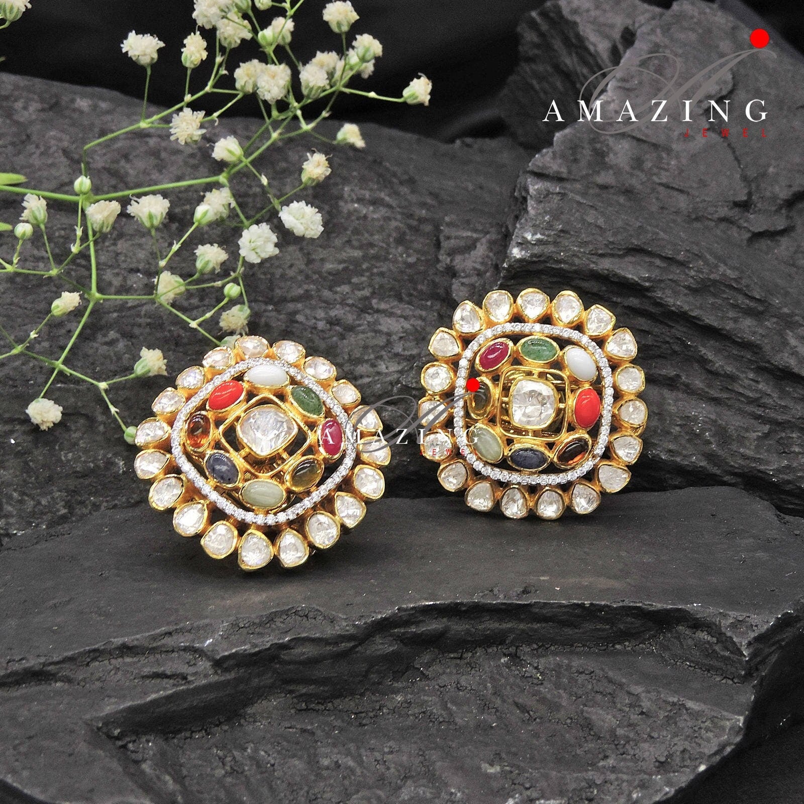 Silver Moissanite Polki Semi Precious Navratna Earring, Polki Studs, Indian Wedding Jewelery, Silver Earring, Wedding Jewelery, Studs