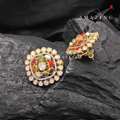 Silver Moissanite Polki Semi Precious Navratna Earring, Polki Studs, Indian Wedding Jewelery, Silver Earring, Wedding Jewelery, Studs