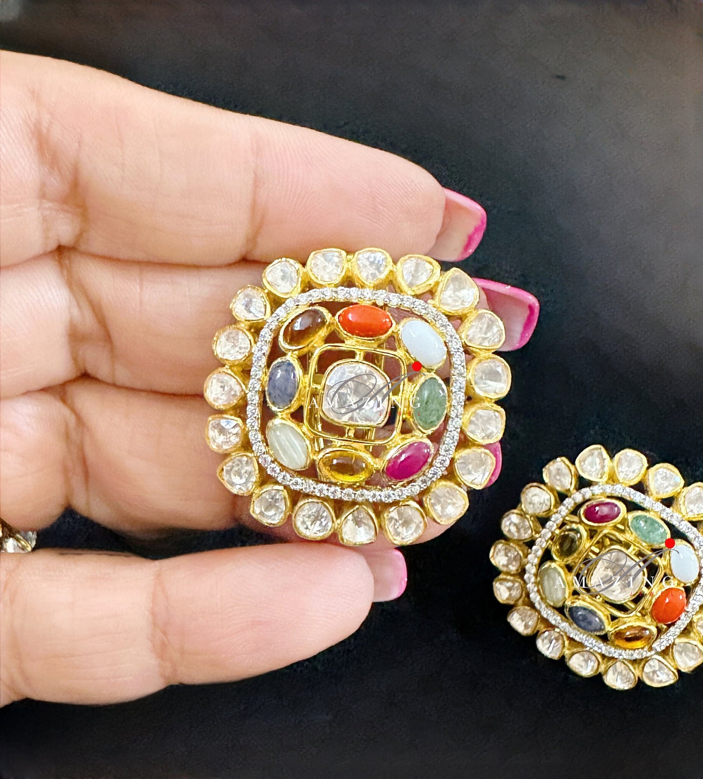 Silver Moissanite Polki Semi Precious Navratna Earring, Polki Studs, Indian Wedding Jewelery, Silver Earring, Wedding Jewelery, Studs