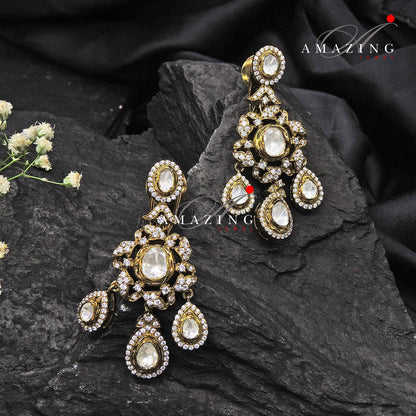 Silver Moissanite Polki Swarovski Stones Earring, Kundan Earring, South Indian Jewellery, 925 Silver Uncut Oxidised Earring  Halloween