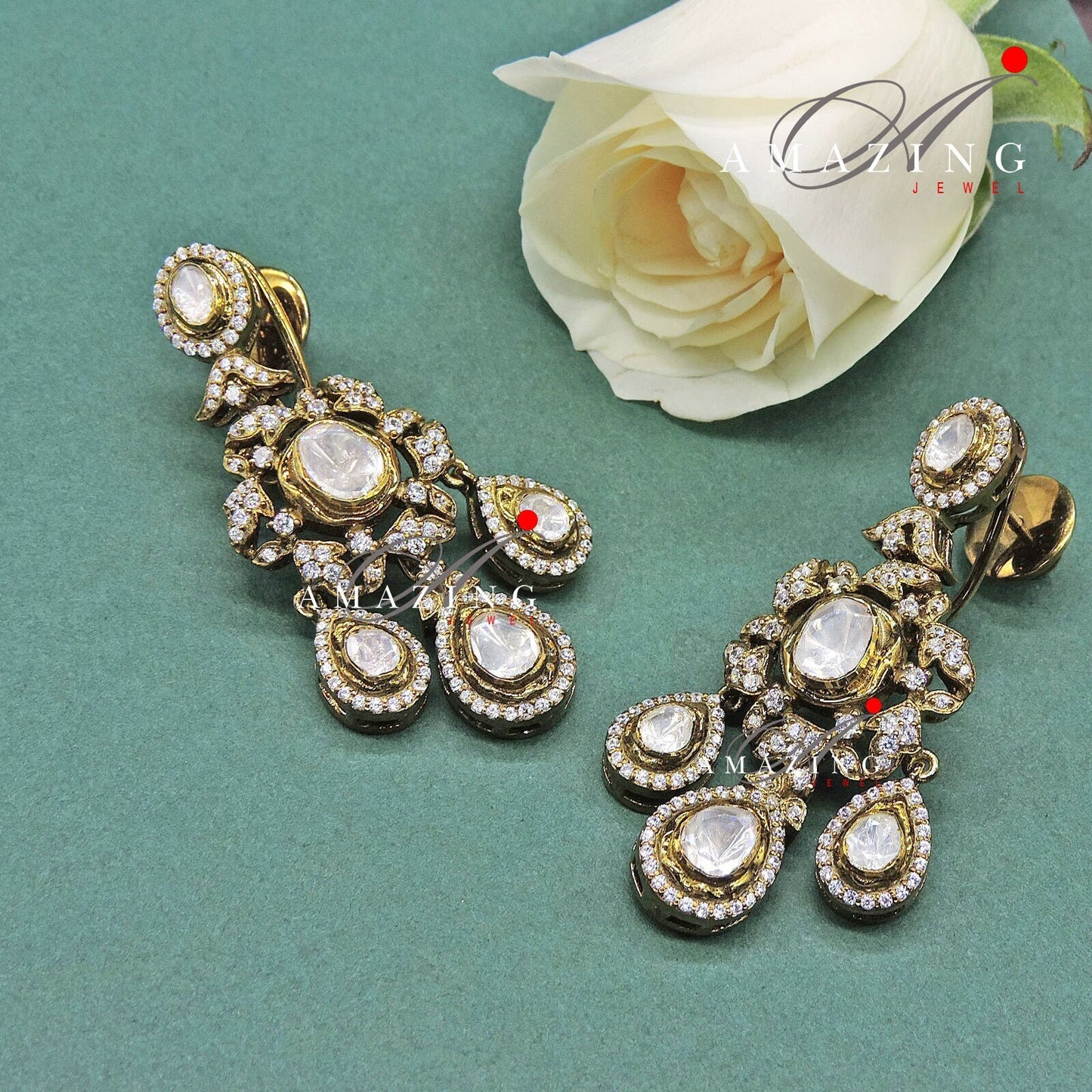 Silver Moissanite Polki Swarovski Stones Earring, Kundan Earring, South Indian Jewellery, 925 Silver Uncut Oxidised Earring  Halloween