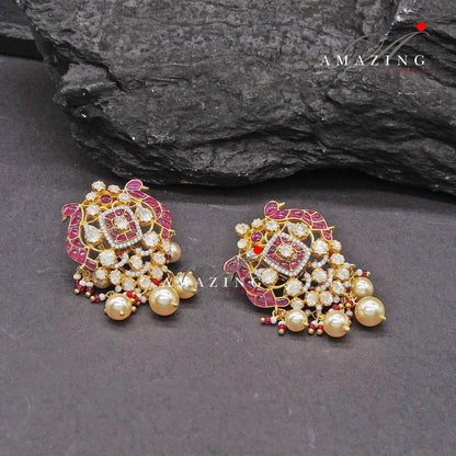 Silver Moissanite Polki with Hydro Ruby Chips Earring Moissanite Polki Kundan Earring Indian Wedding Jewelry Everyday jewellery Studs