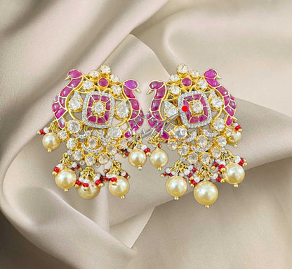 Silver Moissanite Polki with Hydro Ruby Chips Earring Moissanite Polki Kundan Earring Indian Wedding Jewelry Everyday jewellery Studs