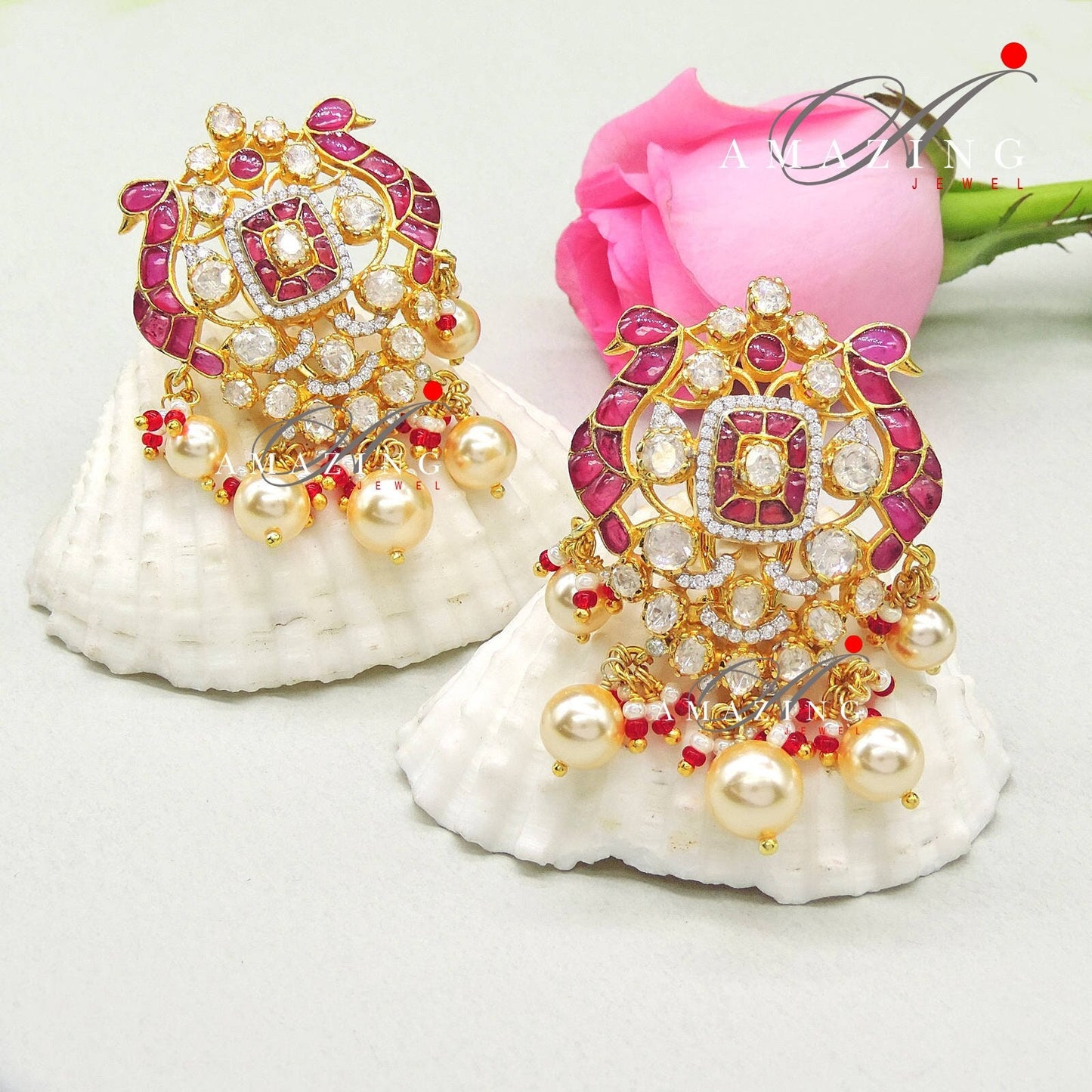 Silver Moissanite Polki with Hydro Ruby Chips Earring Moissanite Polki Kundan Earring Indian Wedding Jewelry Everyday jewellery Studs