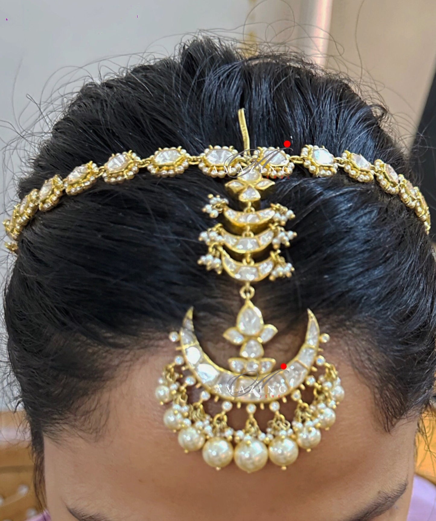 Silver. Moissanite Polki, Mathapatti, Polki Mangtika, Mangtika, Bridal Jewellery, Maathapatti, Polki, Hair Jewellery, Headband, Head Chain