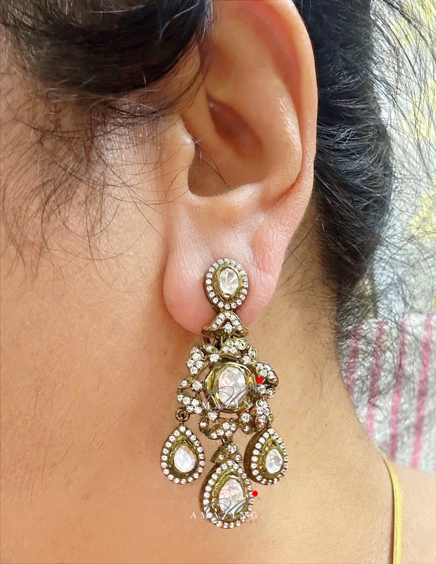 Silver Moissanite Polki Swarovski Stones Earring, Kundan Earring, South Indian Jewellery, 925 Silver Uncut Oxidised Earring  Halloween