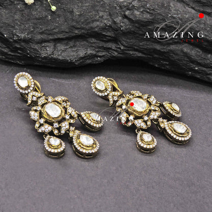 Silver Moissanite Polki Swarovski Stones Earring, Kundan Earring, South Indian Jewellery, 925 Silver Uncut Oxidised Earring  Halloween