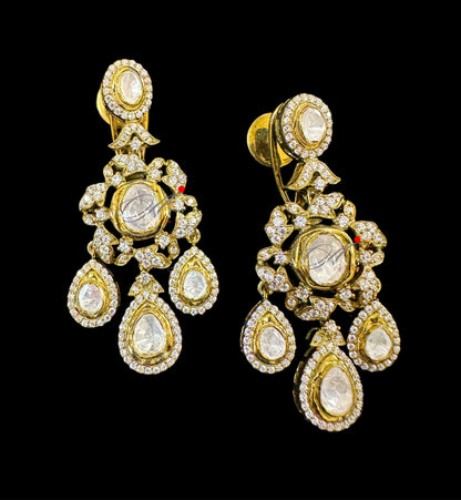 Silver Moissanite Polki Swarovski Stones Earring, Kundan Earring, South Indian Jewellery, 925 Silver Uncut Oxidised Earring  Halloween