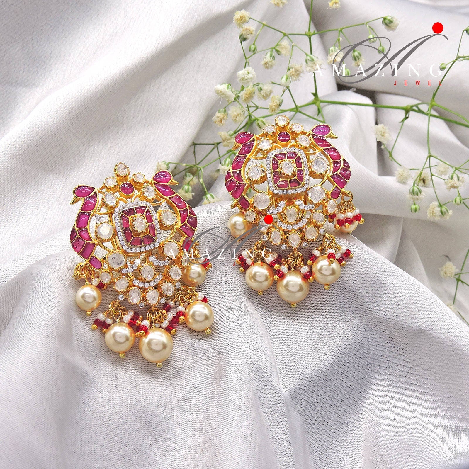 Silver Moissanite Polki with Hydro Ruby Chips Earring Moissanite Polki Kundan Earring Indian Wedding Jewelry Everyday jewellery Studs