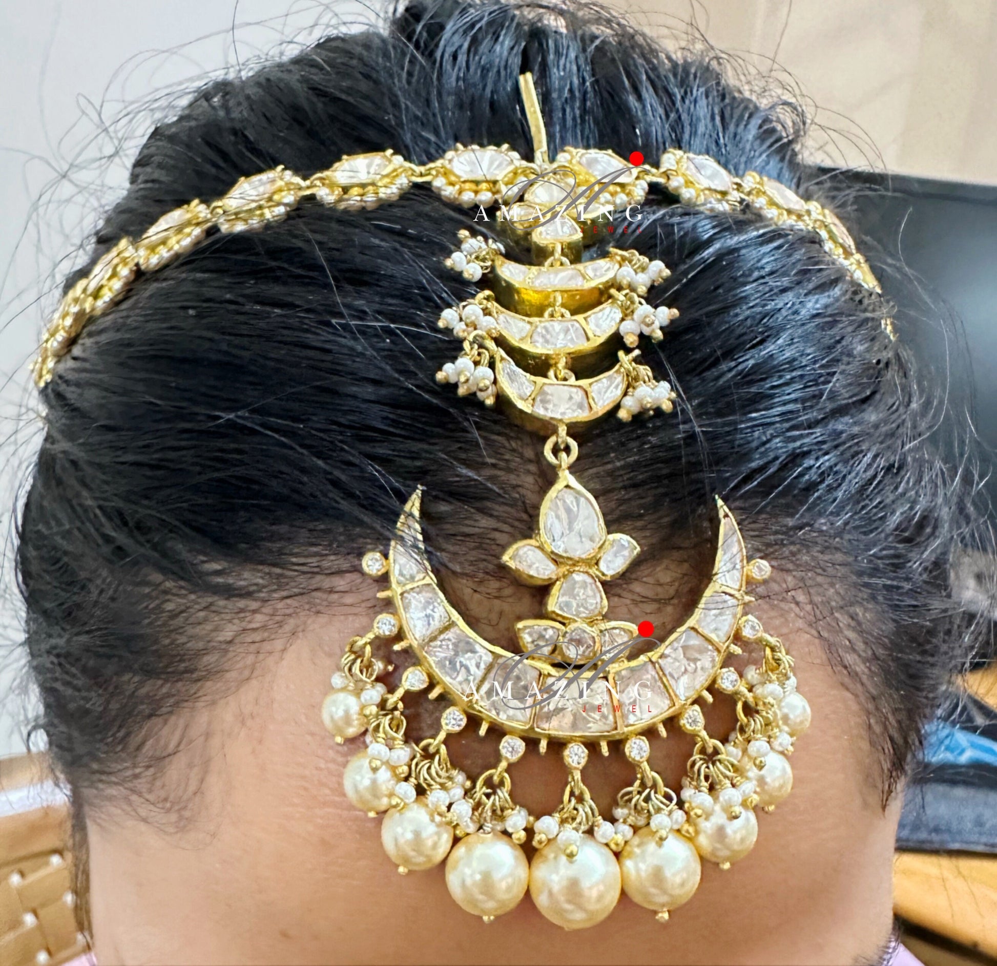 Silver. Moissanite Polki, Mathapatti, Polki Mangtika, Mangtika, Bridal Jewellery, Maathapatti, Polki, Hair Jewellery, Headband, Head Chain