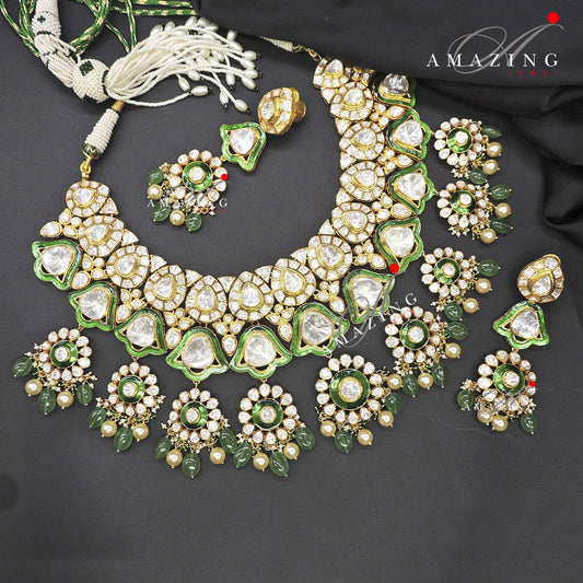 Silver Mossanite Polki Enamel Set, Indian Wedding Set, Jewellery Set, Traditional Jewellery, Bridal Jewellery, Necklace set, Travel set