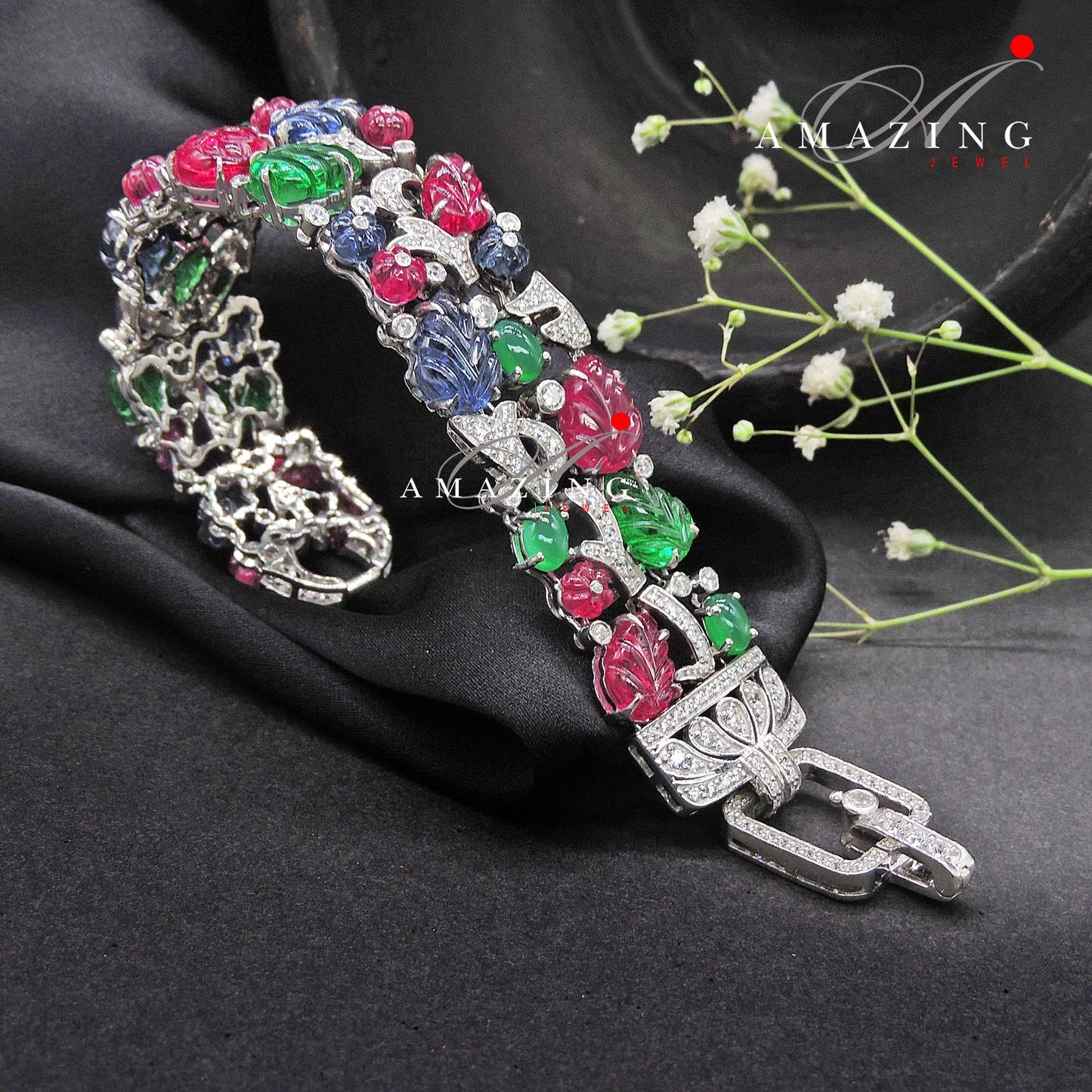 Silver Swarovski Multi Colour Bracelet ,Cubic Zirconia Bracelet, Contemporary Bracelet, Silver Tennis Bracelet, Carving Stone Bracelet,