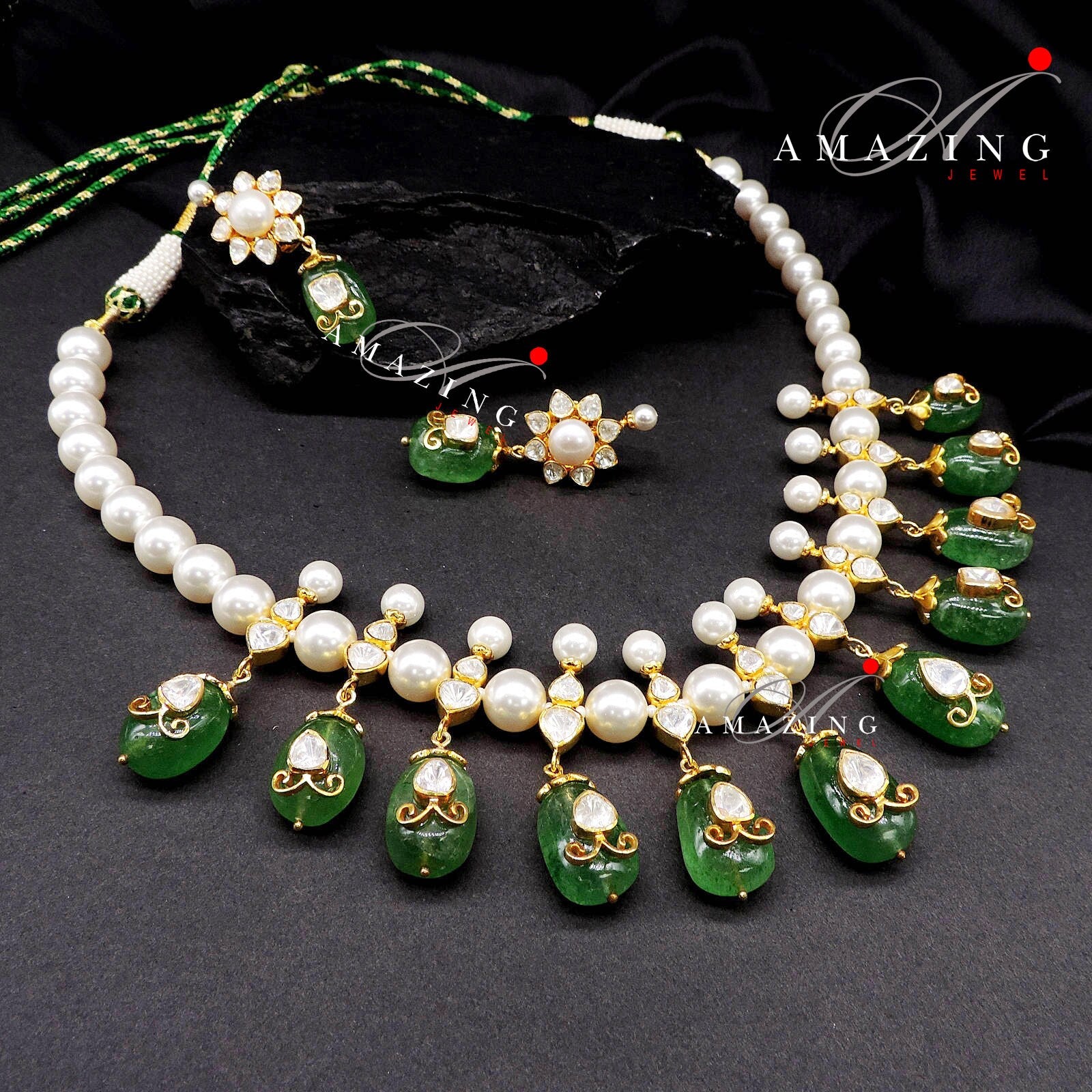 Silver Moissanite Polki Hydro Emerald Tumble, Indian Wedding Jewellery, Traditional Jewellery, Bridal Jewellery Set, Necklace set, Earring