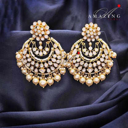 Silver Moissanite Polki Pearls Chandbali, Moissanite Kundan Earring, Bridal Jewellery, Traditional Chandbali, 925 Sterling Silver Earring