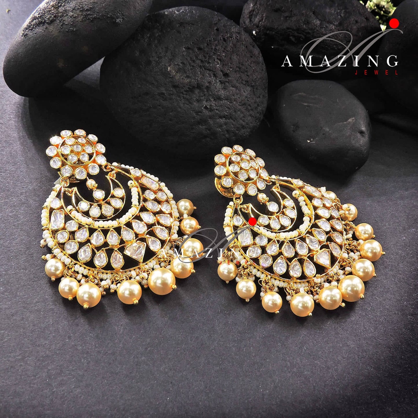 Silver Moissanite Polki Pearls Chandbali, Moissanite Kundan Earring, Bridal Jewellery, Traditional Chandbali, 925 Sterling Silver Earring