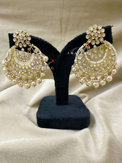 Silver Moissanite Polki Pearls Chandbali, Moissanite Kundan Earring, Bridal Jewellery, Traditional Chandbali, 925 Sterling Silver Earring