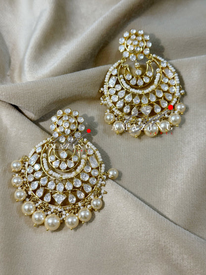 Silver Moissanite Polki Pearls Chandbali, Moissanite Kundan Earring, Bridal Jewellery, Traditional Chandbali, 925 Sterling Silver Earring