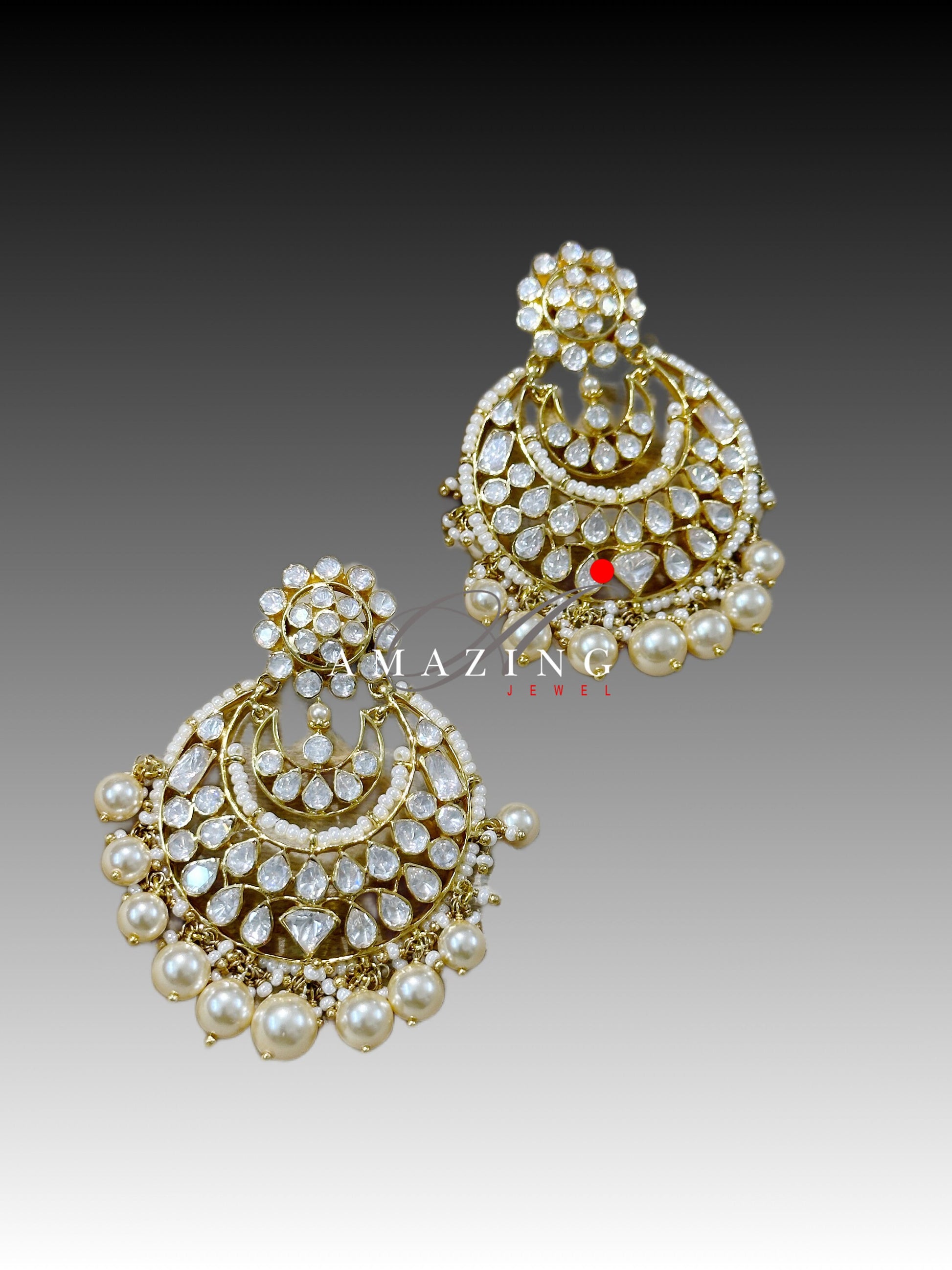 Silver Moissanite Polki Pearls Chandbali, Moissanite Kundan Earring, Bridal Jewellery, Traditional Chandbali, 925 Sterling Silver Earring