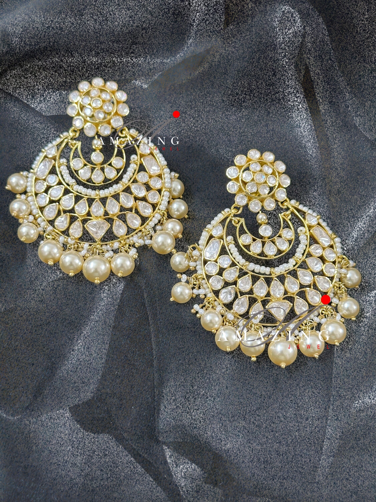 Silver Moissanite Polki Pearls Chandbali, Moissanite Kundan Earring, Bridal Jewellery, Traditional Chandbali, 925 Sterling Silver Earring