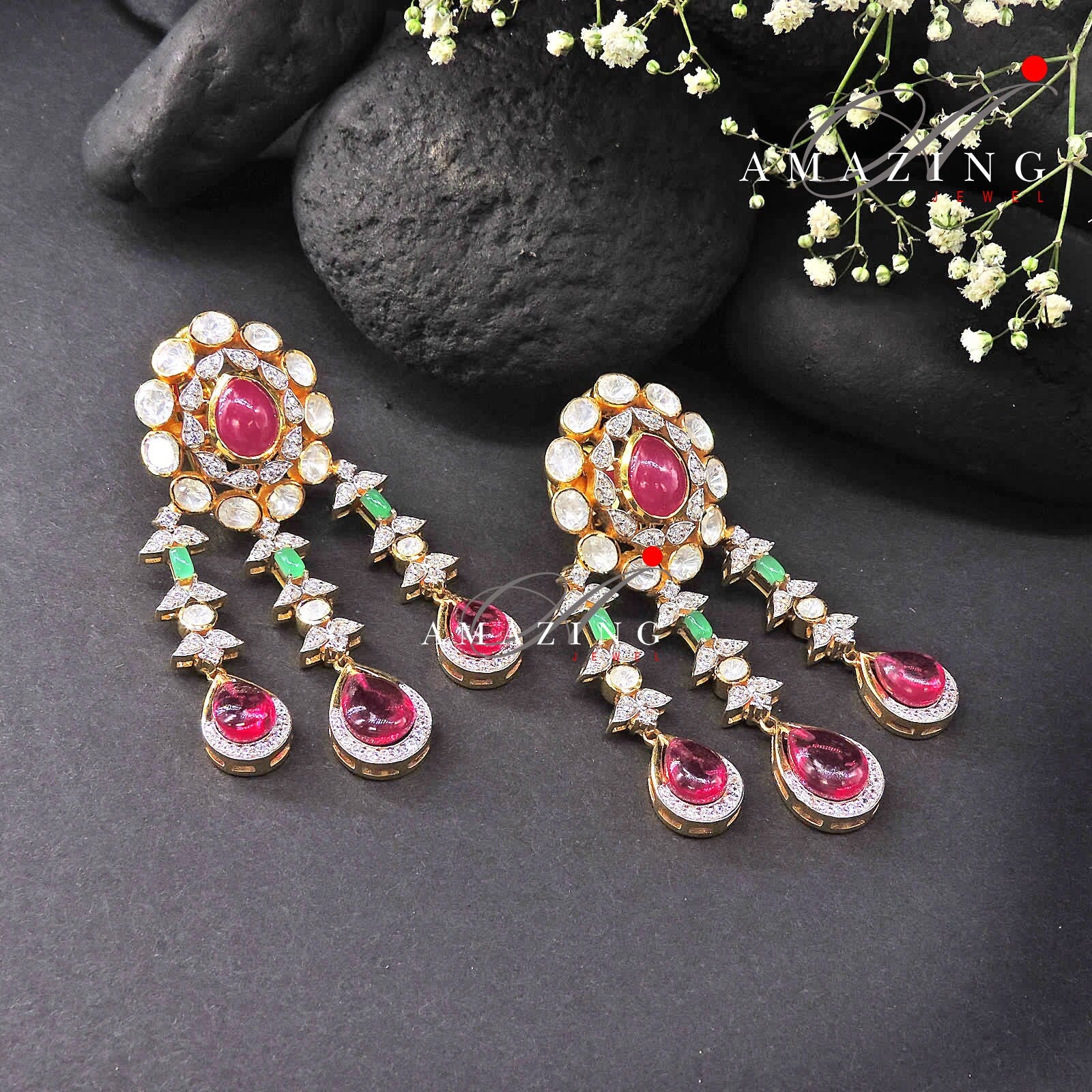 Silver Moissanite Polki Ruby Earring, Silver Earring, Polki Earring,  Wedding Jewellery, Traditional Jewellery, Long Silver Polki Earring