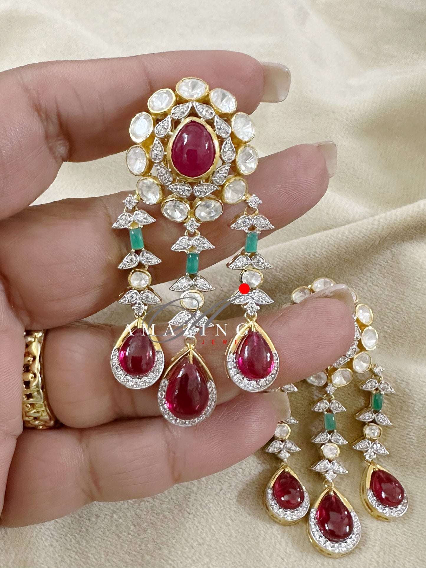 Silver Moissanite Polki Ruby Earring, Silver Earring, Polki Earring,  Wedding Jewellery, Traditional Jewellery, Long Silver Polki Earring