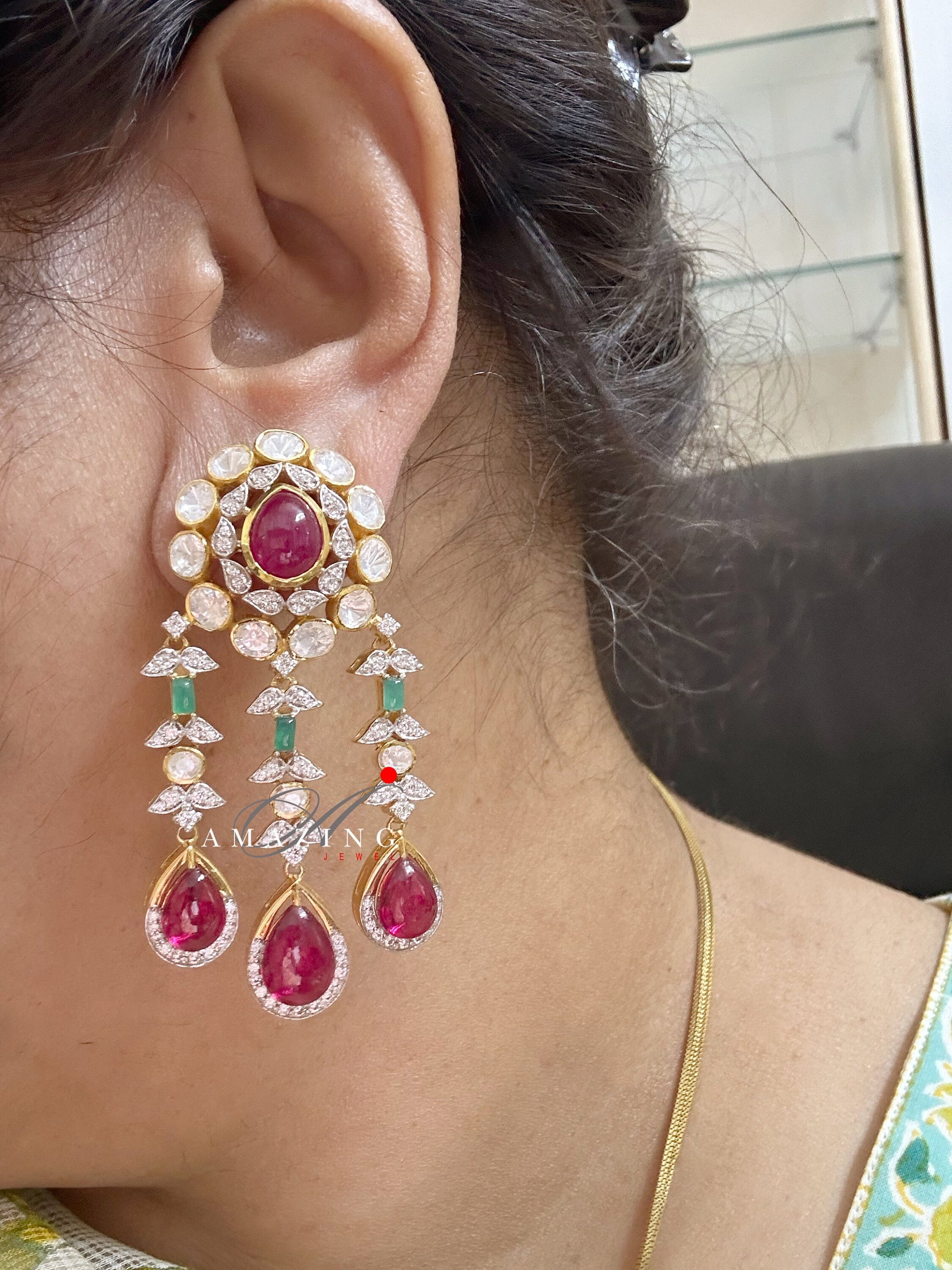 Silver Moissanite Polki Ruby Earring, Silver Earring, Polki Earring,  Wedding Jewellery, Traditional Jewellery, Long Silver Polki Earring