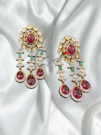 Silver Moissanite Polki Ruby Earring, Silver Earring, Polki Earring,  Wedding Jewellery, Traditional Jewellery, Long Silver Polki Earring