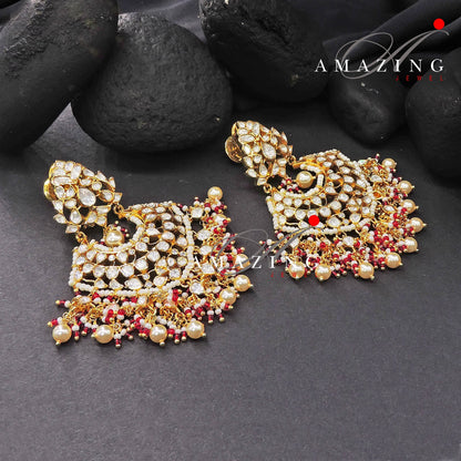 Silver Moissanite Polki Pearls Earring, Moissanite Polki Kundan Chandbali, Bridal Jewellery, Traditional Chandbali, 925 Silver Earring