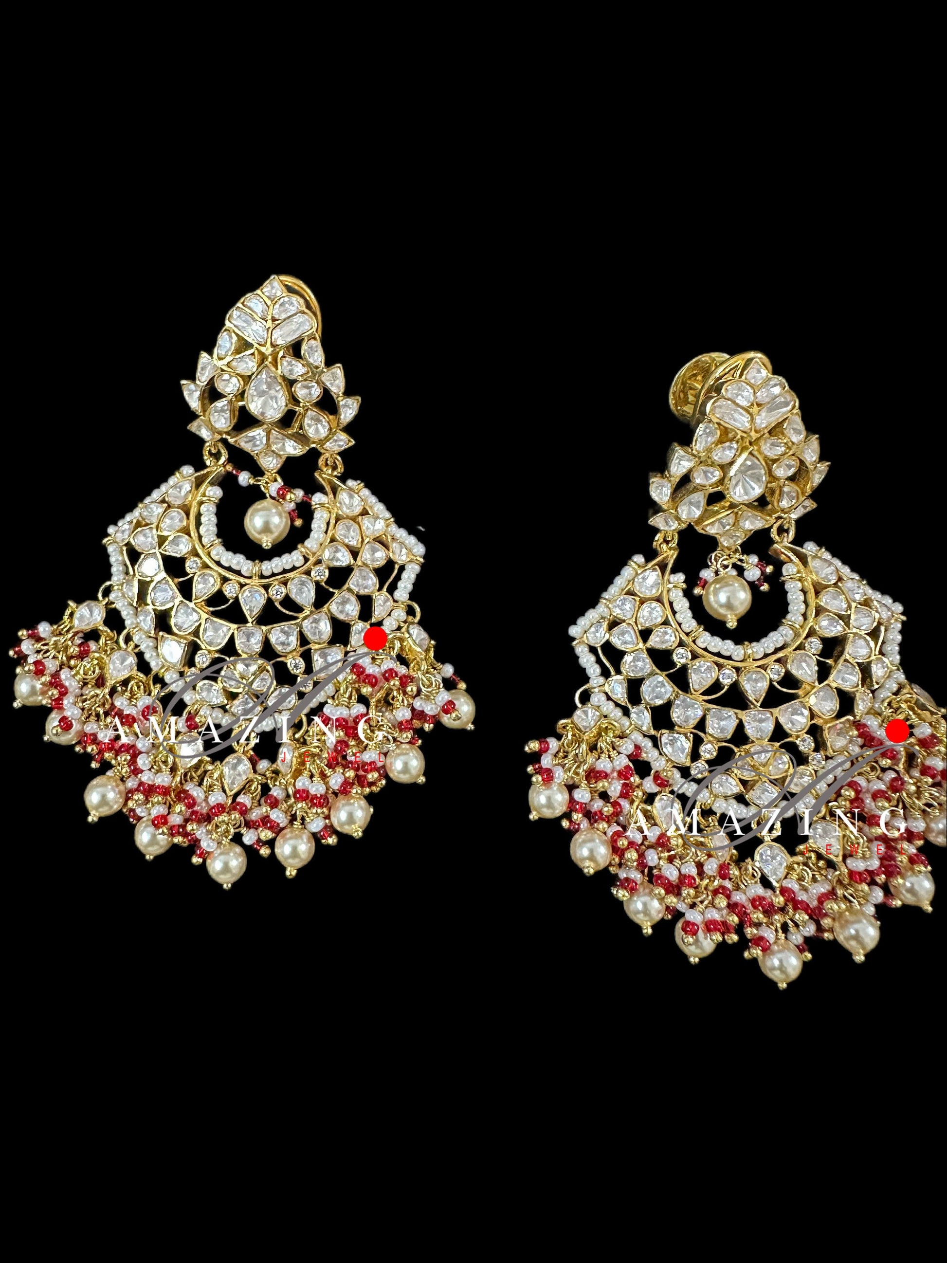 Silver Moissanite Polki Pearls Earring, Moissanite Polki Kundan Chandbali, Bridal Jewellery, Traditional Chandbali, 925 Silver Earring