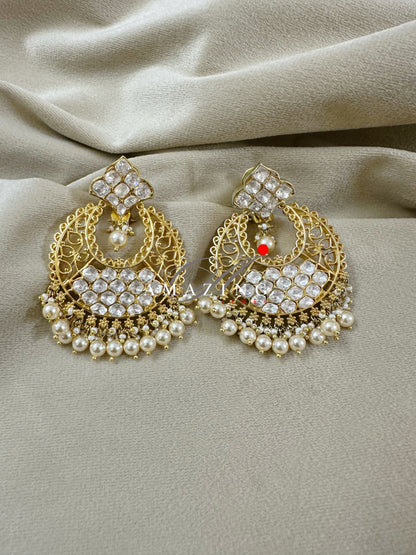 Silver Moissanite Polki Pearls Chandbali, Moissanite Kundan Earring, Bridal Jewellery, Traditional Chandbali, 925 Sterling Silver Earring