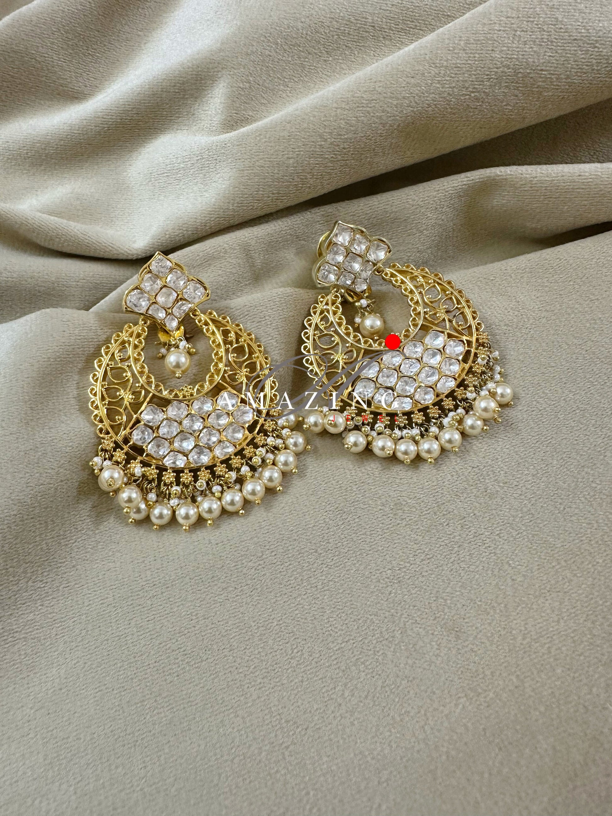 Silver Moissanite Polki Pearls Chandbali, Moissanite Kundan Earring, Bridal Jewellery, Traditional Chandbali, 925 Sterling Silver Earring