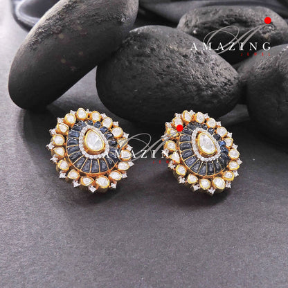 Silver Polki Earring, Wedding Jewellery, Moissanite Polki Earring, Silver Sapphire Stone Earring, Indian Jewellery, Statement Earring, Studs