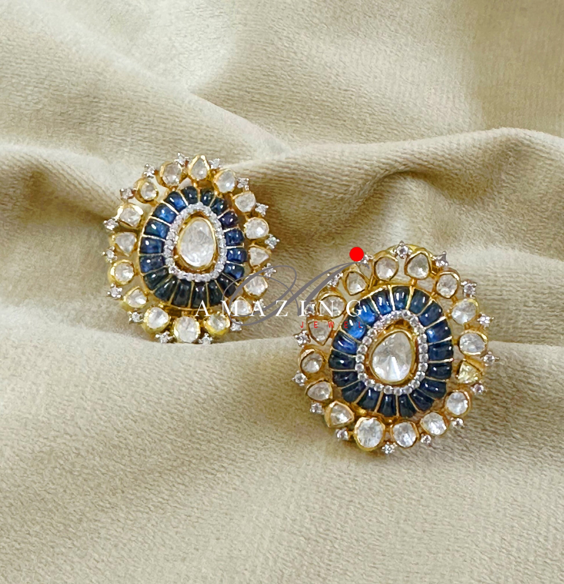 Silver Polki Earring, Wedding Jewellery, Moissanite Polki Earring, Silver Sapphire Stone Earring, Indian Jewellery, Statement Earring, Studs