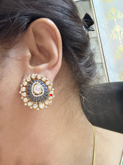 Silver Polki Earring, Wedding Jewellery, Moissanite Polki Earring, Silver Sapphire Stone Earring, Indian Jewellery, Statement Earring, Studs