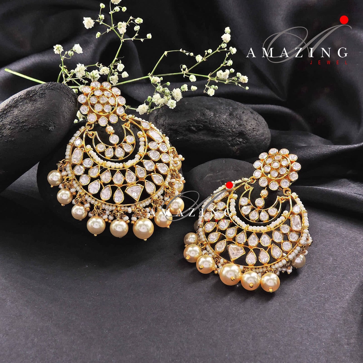 Silver Moissanite Polki Pearls Chandbali, Moissanite Kundan Earring, Bridal Jewellery, Traditional Chandbali, 925 Sterling Silver Earring