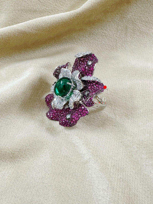 Silver Swarovski Ruby Floral Ring, Contemporary Ring, Cubic Zirconia Ring, Statement Ring, Silver Cocktail Ring, 925  Silver, Cocktail Ring