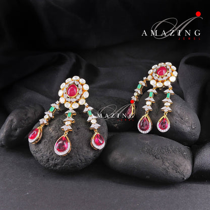 Silver Moissanite Polki Ruby Earring, Silver Earring, Polki Earring,  Wedding Jewellery, Traditional Jewellery, Long Silver Polki Earring