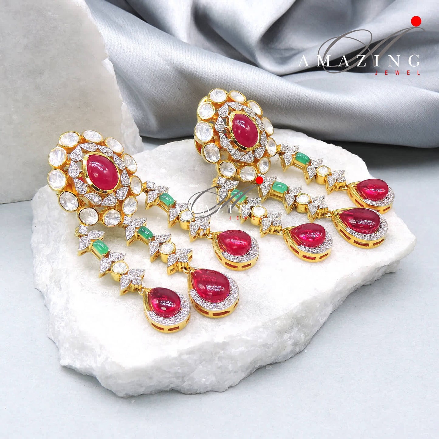 Silver Moissanite Polki Ruby Earring, Silver Earring, Polki Earring,  Wedding Jewellery, Traditional Jewellery, Long Silver Polki Earring