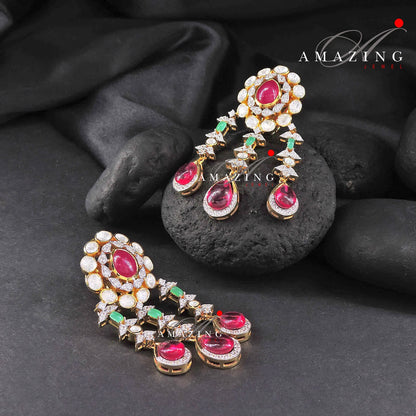 Silver Moissanite Polki Ruby Earring, Silver Earring, Polki Earring,  Wedding Jewellery, Traditional Jewellery, Long Silver Polki Earring