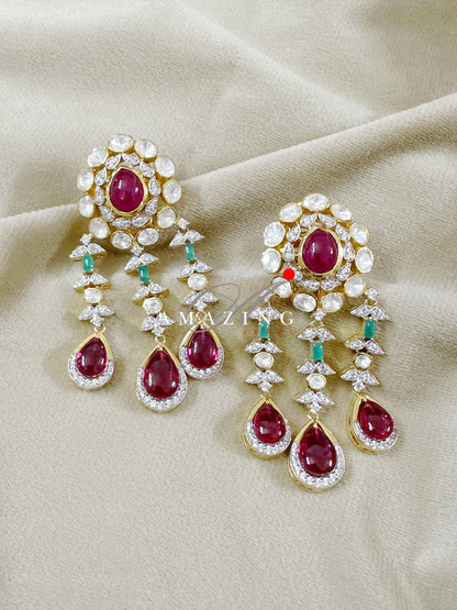 Silver Moissanite Polki Ruby Earring, Silver Earring, Polki Earring,  Wedding Jewellery, Traditional Jewellery, Long Silver Polki Earring