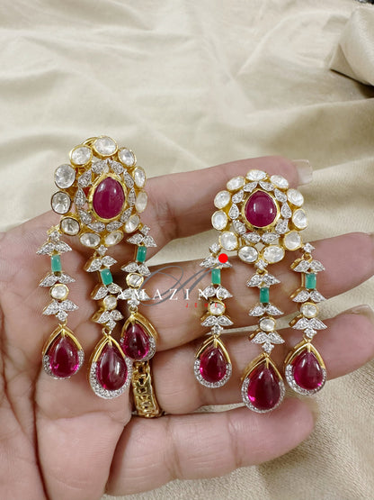 Silver Moissanite Polki Ruby Earring, Silver Earring, Polki Earring,  Wedding Jewellery, Traditional Jewellery, Long Silver Polki Earring