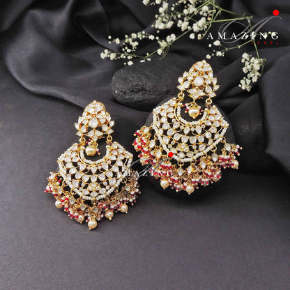 Silver Moissanite Polki Pearls Earring, Moissanite Polki Kundan Chandbali, Bridal Jewellery, Traditional Chandbali, 925 Silver Earring