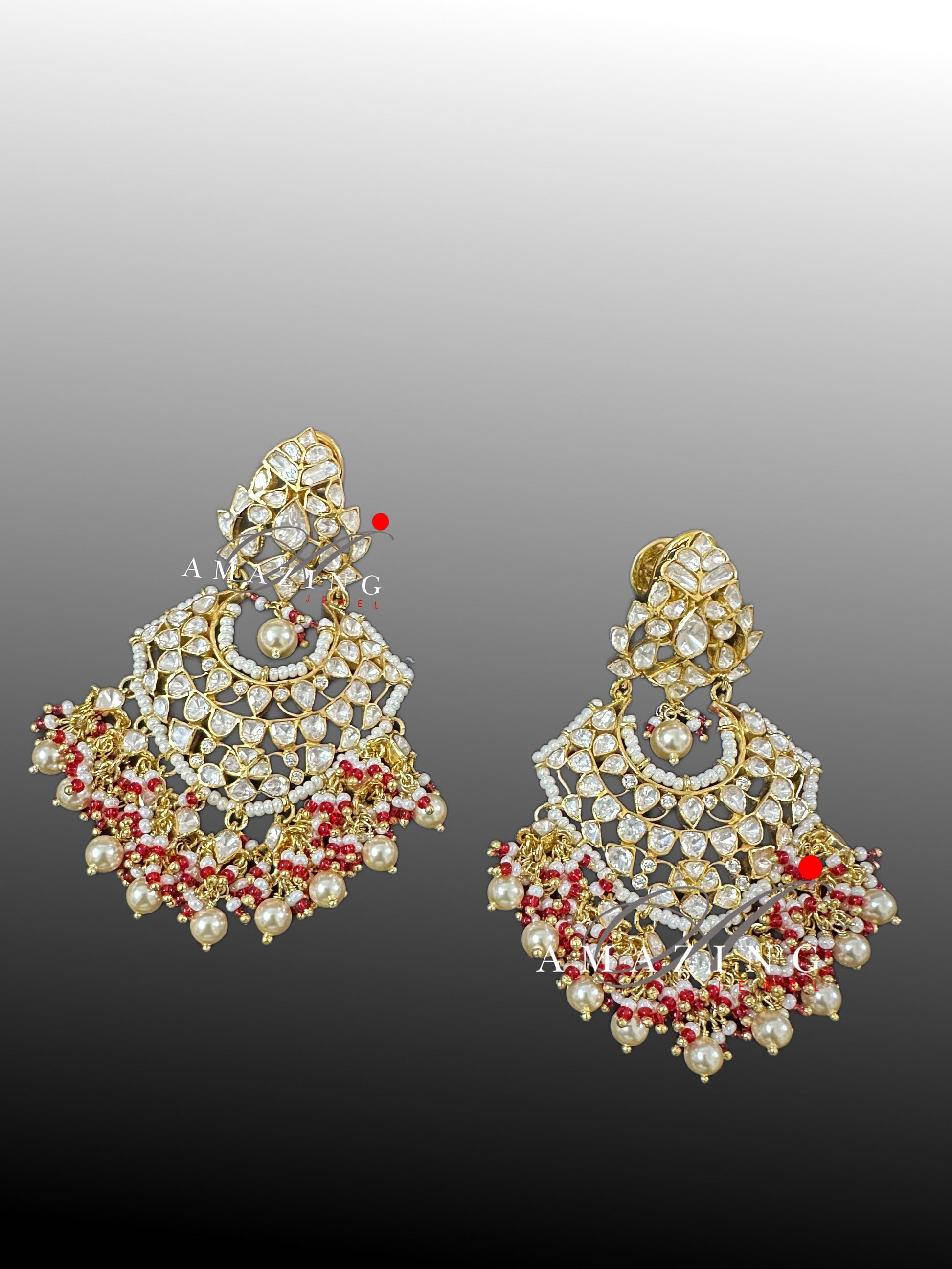 Silver Moissanite Polki Pearls Earring, Moissanite Polki Kundan Chandbali, Bridal Jewellery, Traditional Chandbali, 925 Silver Earring